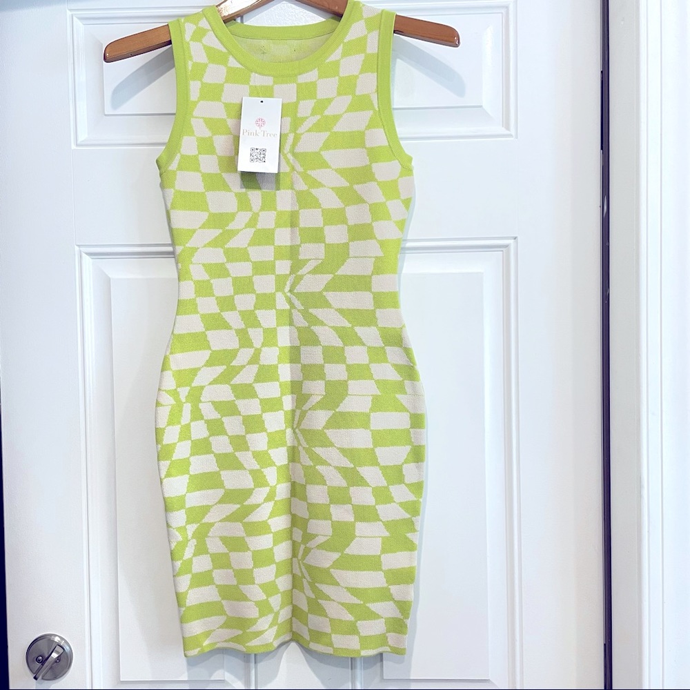 Pink Tree Green Checkered Dress | Size S | Boutique Statement Piece NWT